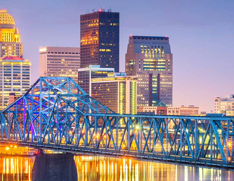 Louisville skyline at dusk.